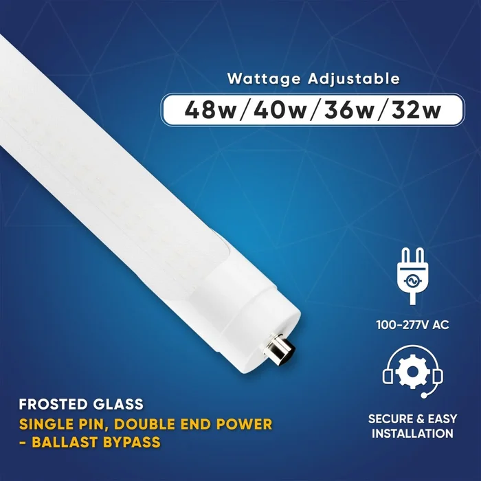 T8 8ft LED Tube/Bulb – 48w/40w/36w/32w Wattage Adjustable, 130lm/w, 3000k/4000k/5000k/6500k CCT Changeable, Frosted, FA8 Single Pin, Double End Power – Ballast Bypass – 1-Pack