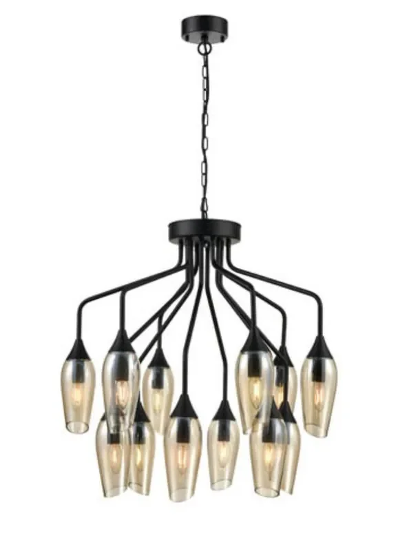 Taper 12 Light Matt Black with Amber Cut Glass Pendant Light