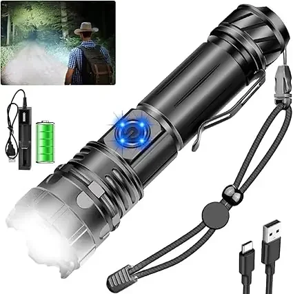Torches LED Super Bright 20000 Lumens, Rechargeable Torch Flashlight with Pocket Clip, Camping Torch High Power Battery Powered Waterproof 5 Modes Power Bank Function for Dog Walking Hiking Emergency