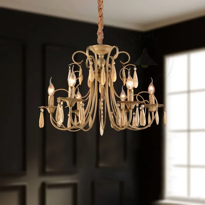 Traditional Brushed Gold 6 Arms Crystal Chandelier Ceiling Light Candle Lamp