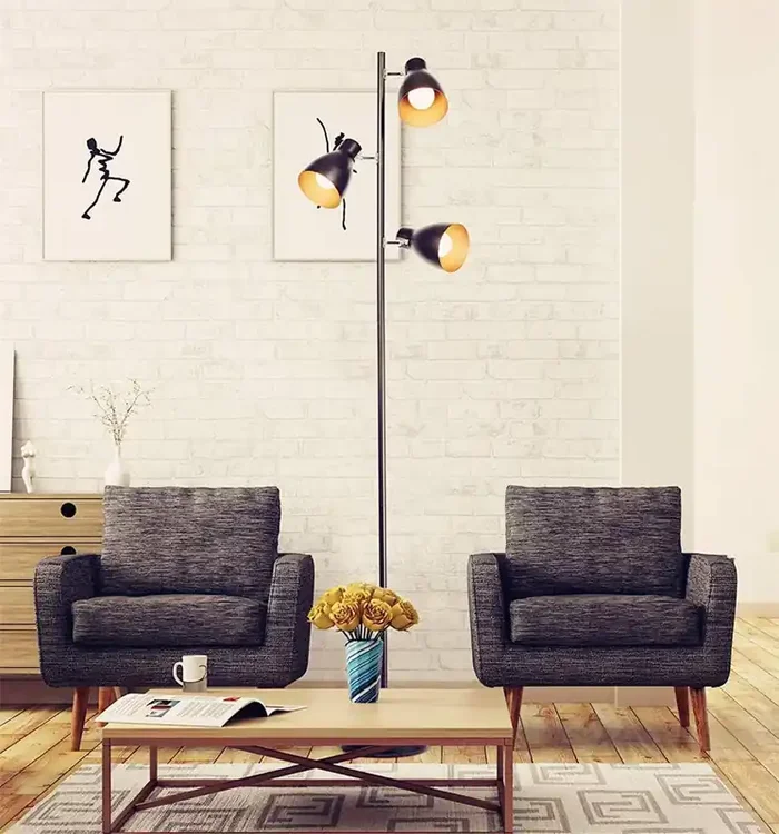 Tree Adjustable Floor Lamp, Retro Industrial Style, Black/Gold Metal, 3 Lights, 166 cm, E27 Socket Max 25W, Rotating Spotlights with Foot Switch for Living Room, Bedroom, Office