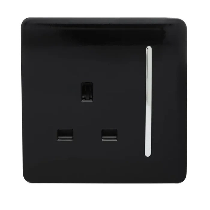 Trendi, Artistic Modern 1 Gang 13Amp Switched Socket Gloss Black Finish, BRITISH MADE, (25mm Back Box Required), 5yrs Warranty • ART-SKT13BK