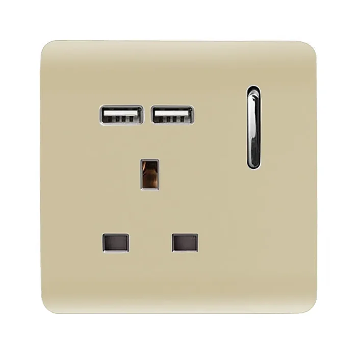 Trendi, Artistic Modern 1 Gang 13Amp Switched Socket WIth 2 x USB Ports Champagne Gold Finish, BRITISH MADE, (35mm Back Box Required), 5yrs Warranty • ART-SKT13USBGO