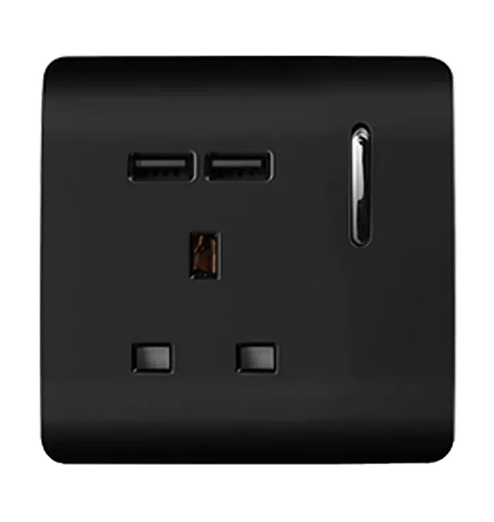 Trendi, Artistic Modern 1 Gang 13Amp Switched Socket WIth 2 x USB Ports Gloss Black Finish, BRITISH MADE, (35mm Back Box Required), 5yrs Warranty • ART-SKT13USBBK