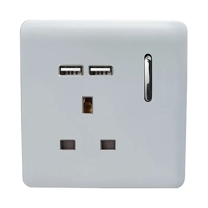 Trendi, Artistic Modern 1 Gang 13Amp Switched Socket WIth 2 x USB Ports Silver Finish, BRITISH MADE, (35mm Back Box Required), 5yrs Warranty • ART-SKT13USBSI
