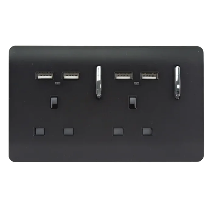 Trendi, Artistic Modern 2 Gang 13Amp Switched Double Socket With 4X 2.1Mah USB Matt Black Finish, BRITISH MADE, (45mm Back Box Required) 5yrs Warranty • ART-SKT213USBMBK