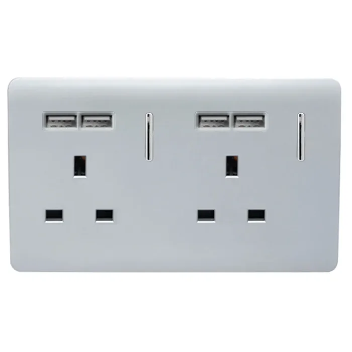 Trendi, Artistic Modern 2 Gang 13Amp Switched Double Socket With 4X 2.1Mah USB Silver Finish, BRITISH MADE, (45mm Back Box Required), 5yrs Warranty • ART-SKT213USBSI