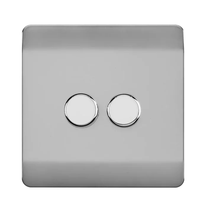 Trendi, Artistic Modern 2 Gang 2 Way LED Dimmer Switch 5-150W LED / 120W Tungsten Per Dimmer, Brushed Steel Finish (35mm Back Box Required) 5yrs Wrnty • ART-2LDMBS