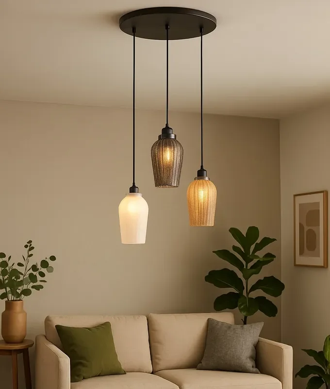 Triple Glass Shade Cluster Pendant – Pressed Glass in Woven Willow Design