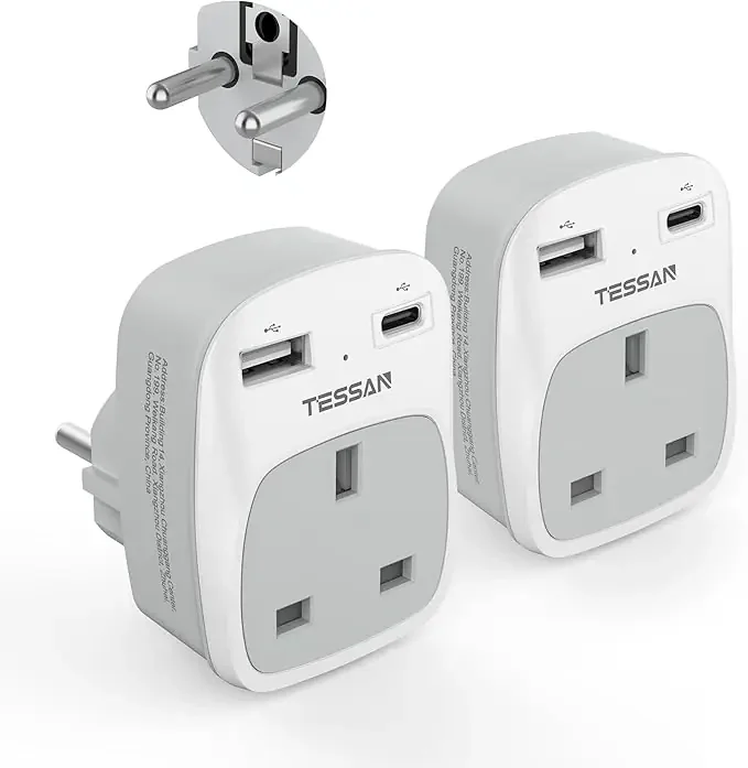 UK to EU Plug Adapter 2 Pack with USB C & USB A Ports, Schuko Grounded Travel Adaptor for Germany Spain France Italy Greece Poland (Type E/F)