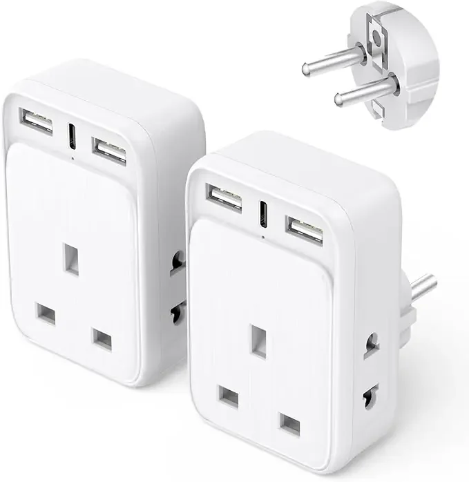 UK to EU Travel Adapter 2 Pack with 3 USB Ports (20W USB C) & 2 Shaver Sockets Type E/F Plug Adaptor for Europe Trips