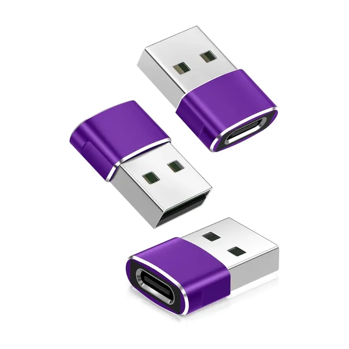 USB to USB-C Adapter 3-Pack (Purple) – Type-C Female to USB-A Male Converter for iPhone 11–16, Apple Watch Series 7/8, iPad Air/Mini, Samsung Galaxy S22/S23/S24
