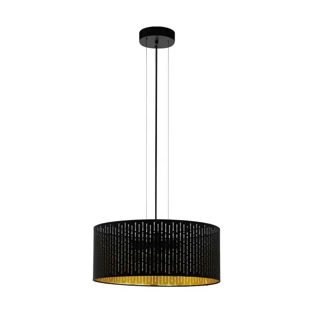 Varillas 3 Light Black with Black and Gold Fabric Shade Pendant Light
