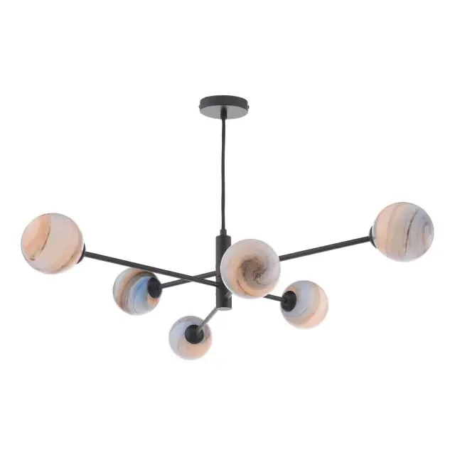 Vignette 6 Light Matt Black with Planet Style Glass Pendant Light
