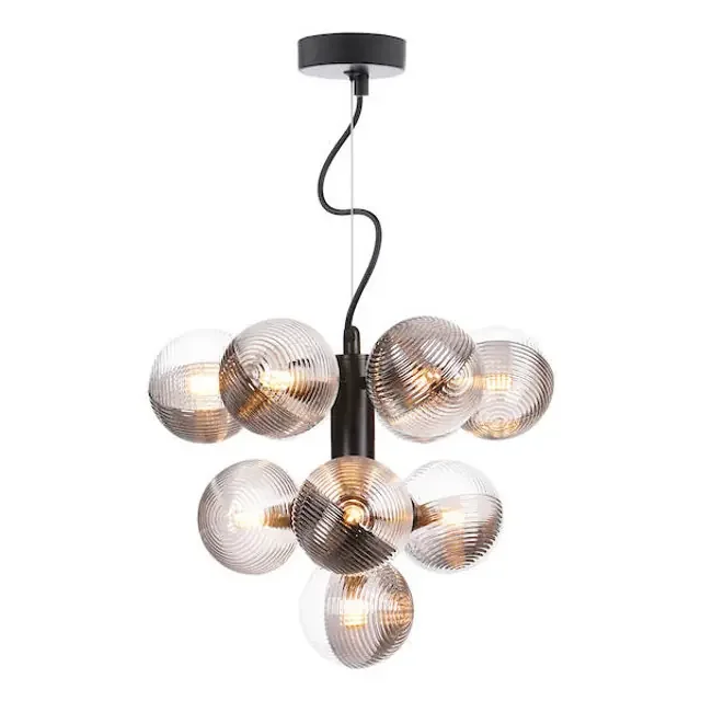 Vine 10 Light Satin Black with Smoked and Clear Ribbed Glass Pendant Light