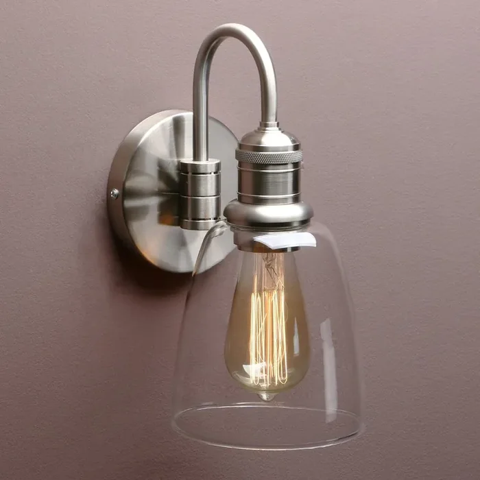 Vintage Bell Glass Wall Light – Industrial Clear Glass Sconce – E27 Up/Down Mount – Brushed Finish
