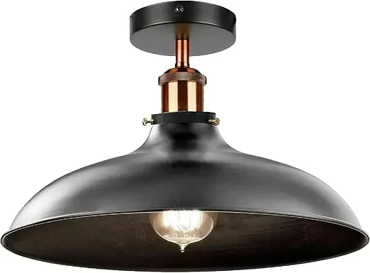 Vintage Ceiling Light Semi Flush Mount Industrial Metal 36cm Black E27 Holder Lamp Shade Ceiling Lighting