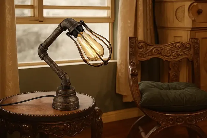 Vintage Industrial Steampunk Brushed Copper Water Pipe Bedside Desk Lamp Lights