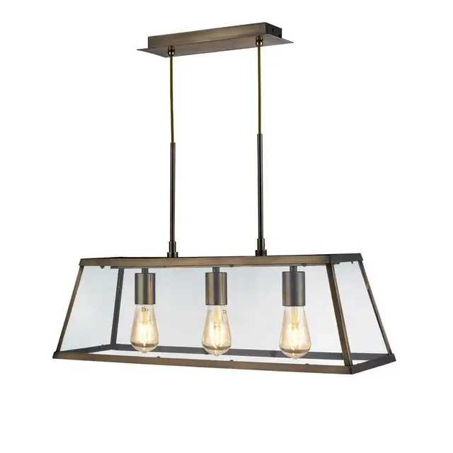 Voyager 3 Light Antique Brass and Clear Glass Lantern Bar Pendant Light