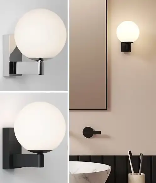 Wall Light with Opal Glass Globe Shade – Black or Chrome