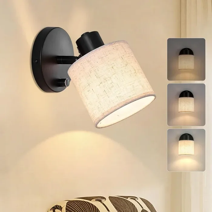 Wall Light with Switch – Dimmable Black Wall Sconce with Beige Linen Fabric Shade – E27 Vintage Bedside Wall Lamp, 360° Adjustable, 40W Max