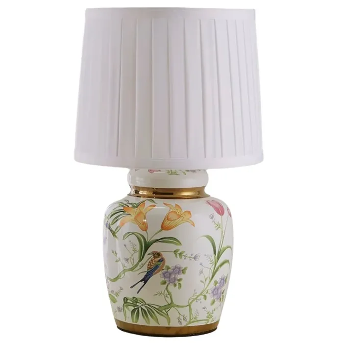 White & Gold Detail Ceramic Oriental Tea Urn Table Lamp with Pleated Shade 44cm