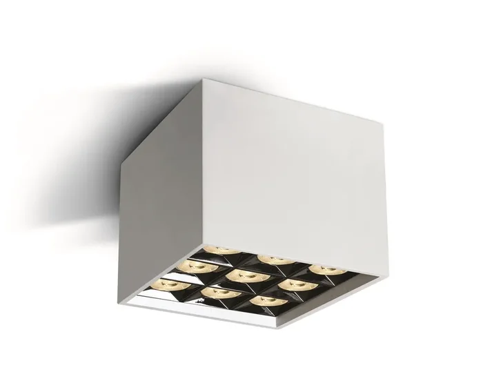 White 30W COB LED surface Spot with dark chrome reflector.