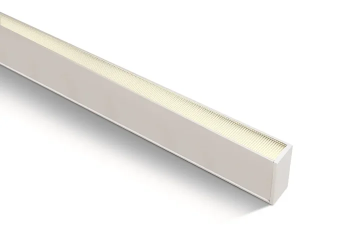 White 40W UGR19 Linear system with diffuser for surface or suspended installation, ideal for offices.