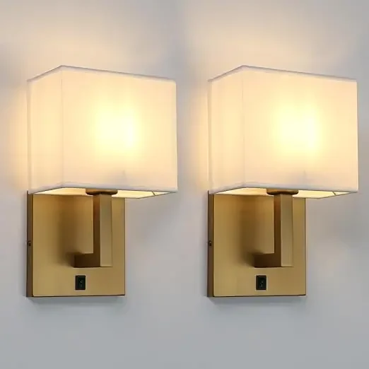 White Linen Wall Sconce – Set of 2 Fabric Wall Lights with Switch Design