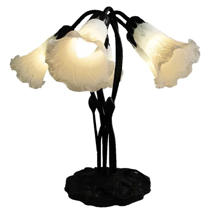 White Tiffany Glass Vintage Lily 5 Arm Table Lamp 48cm
