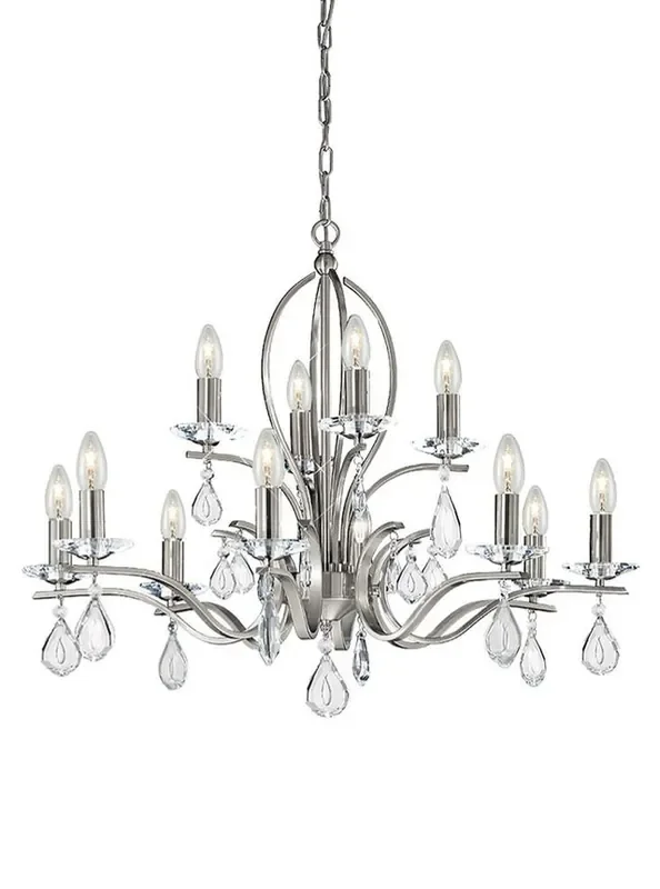 Willow 12 Light Satin Nickel with Crystal Drops Chandelier