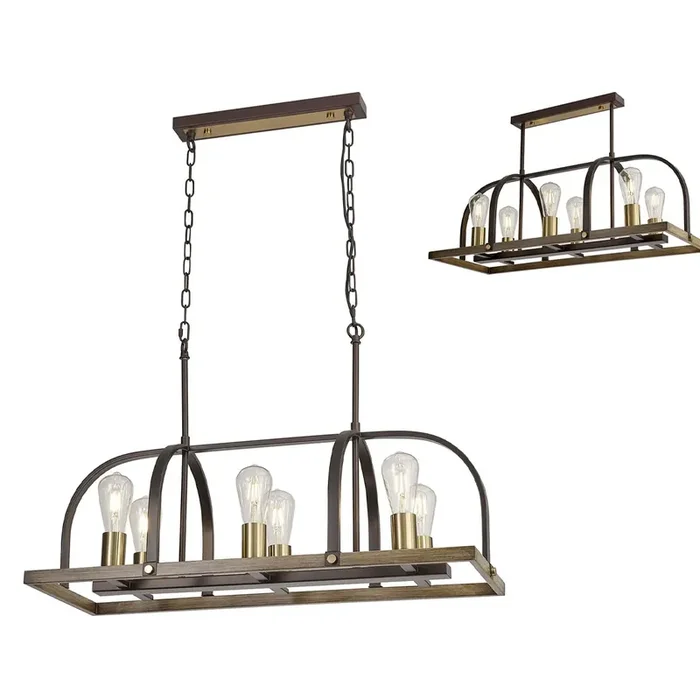 Wing Light Rectangular Pendant Light – Brown Oxide Steel, Antique Bronze & Natural Wood Finish