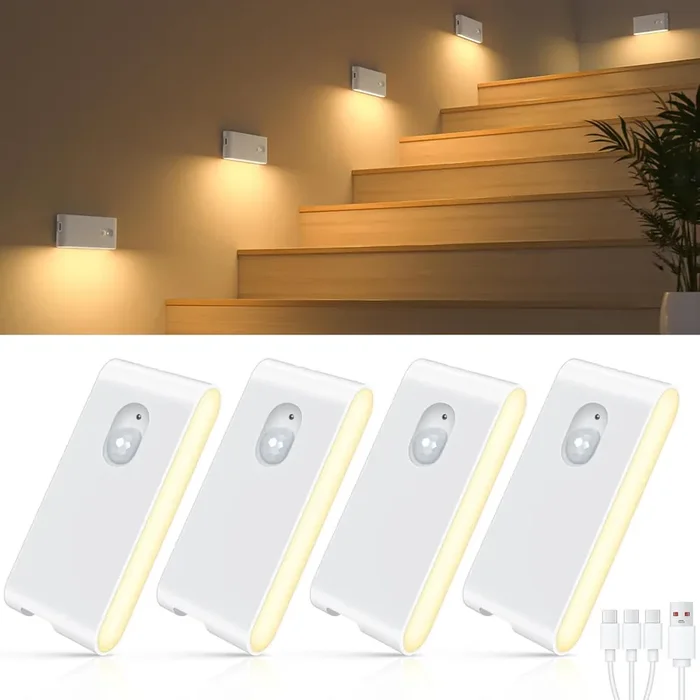 Wireless Motion Sensor Stair Lights (4 Pack), USB Rechargeable, Stick-On Magnetic LED Lights for Hallway, Bedroom, Wardrobe – White