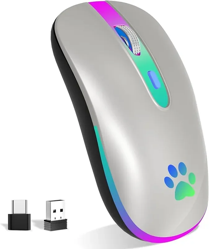 Wireless Mouse 2.4G & Bluetooth, Rechargeable Gaming Mouse with 7-Color Backlight, 1600 DPI for Laptop, PC, Mac, iPad, Tablet