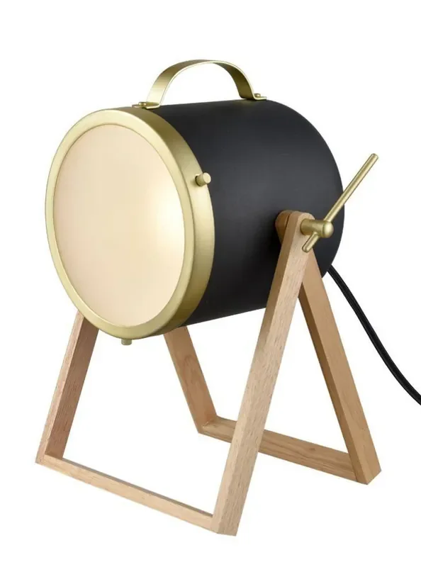 Wooden Stand with Satin Brass and Black Adjustable Floor or Table Lamp