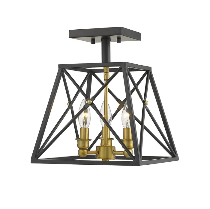 Z-Lite 447SF-MB-OBR Trestle Three Light Semi Flush Mount, Matte Black / Olde Brass